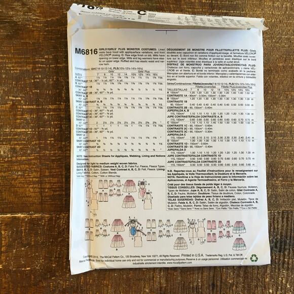 McCalls Sewing Pattern M6816 Girls Kidcore Fuzzy Monster Costume 7-14 UNCUT - Picture 4 of 4